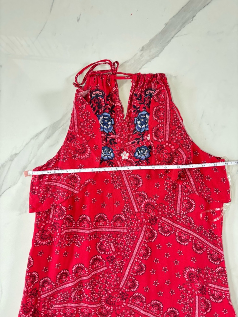 Chelsea & Violet Red Bandana-Print Halter Dress with Blue Floral Accents NWOT - Picture 14 of 16